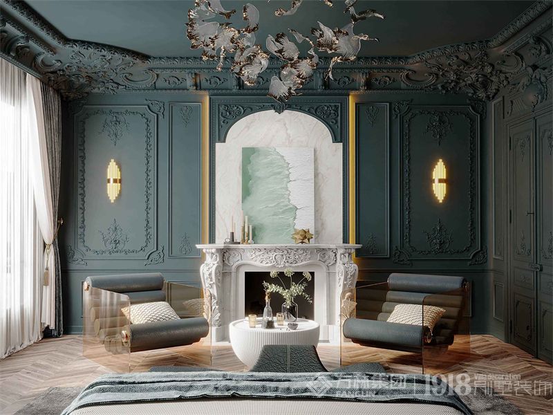 整体颜色以蓝灰色为主，房间风格为法式风格。地面地板采用鱼 骨拼装。
